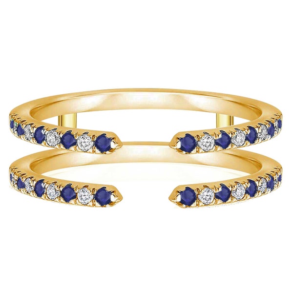 Round Cut Blue Sapphire & Diamond Open Enhancer Guard, 14K Gold Plated Silver September Birthstone Blue Sapphire Open Matching Guard Ring