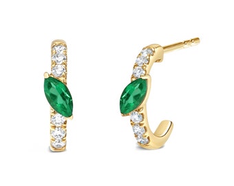 Marquise Cut Green Emerald J Shape Hoop Earrings for Women, 14K Gold Finsh May Birthstone Green Emerald Hoop Earrings, J Shape Earrings