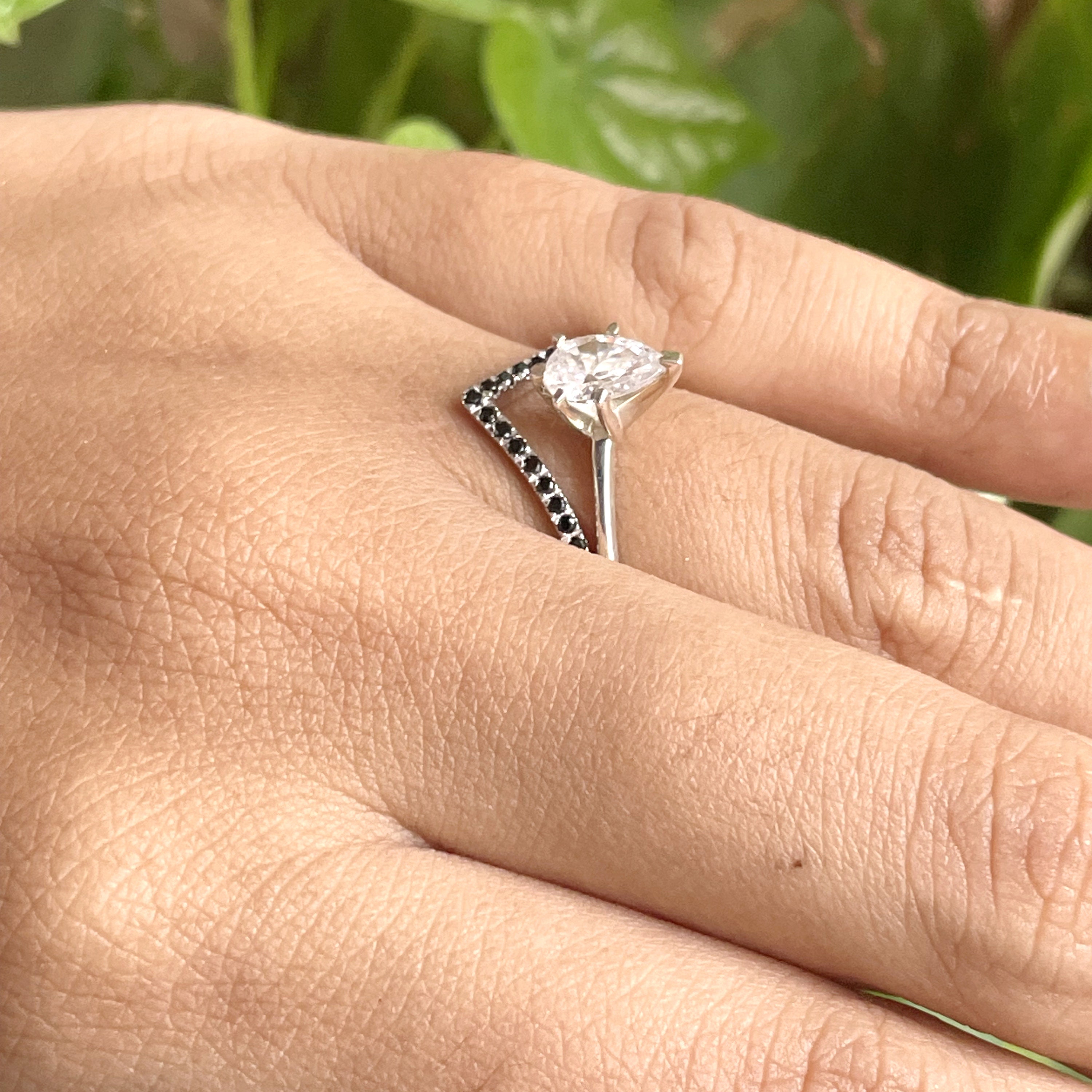 V Shape Black Diamond Wedding Band, Contour Band, Chevron Ring, 14K