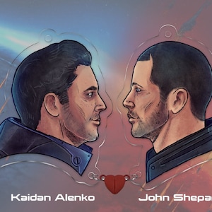 May include: A set of two 3-inch acrylic keychains featuring illustrations of Kaidan Alenko and John Shepard from the Mass Effect video game series. The keychains are connected by a detachable magnetic heart charm.  The keychains are made of clear acrylic and have a clip-on key attachment.