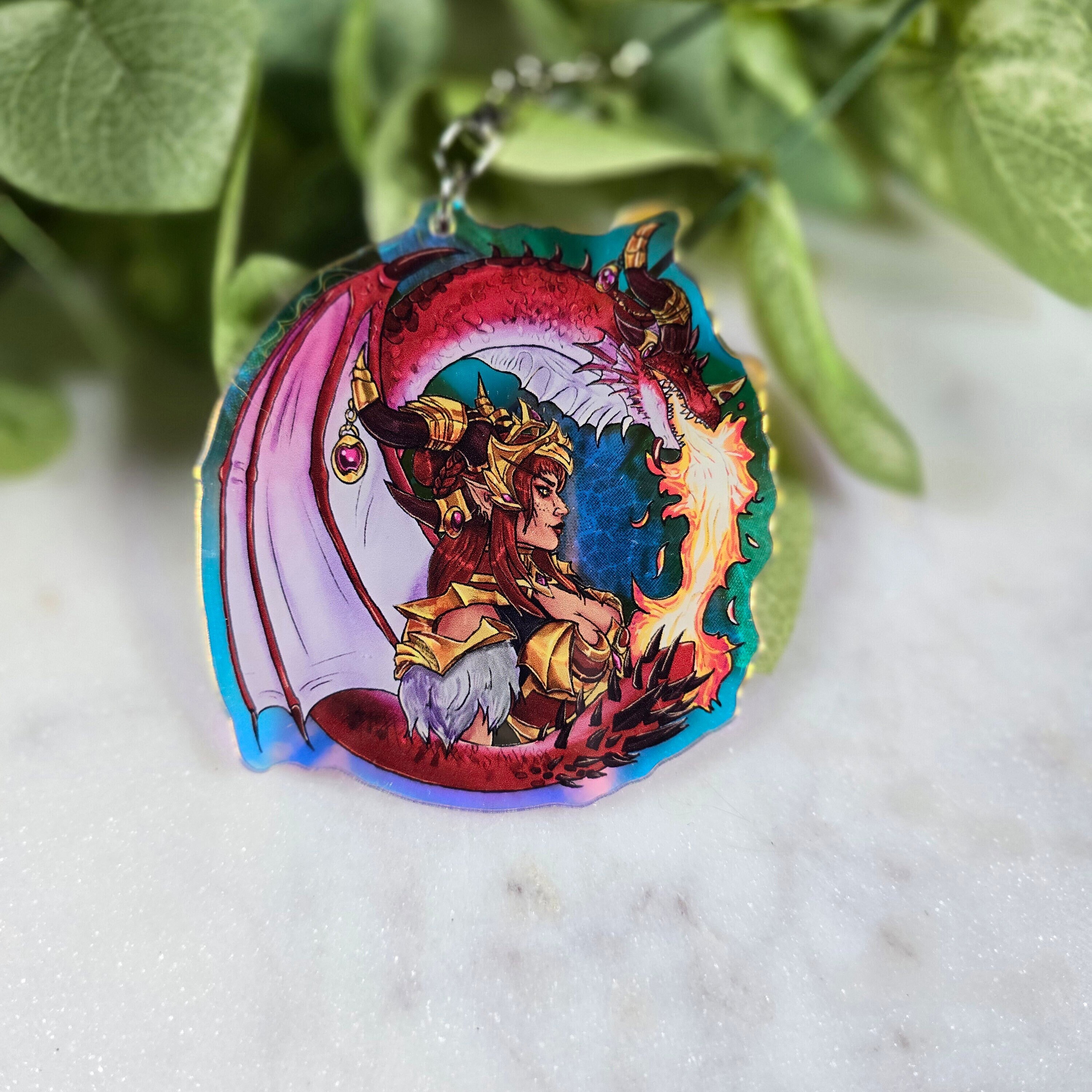 Warcraft Inspired Alexstrasza Charm Rainbowe Mirror Effect Keychain of the Dragon Aspect