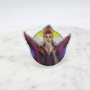 May include: A sticker featuring a stylized illustration of a person with red hair and a red and purple outfit. The person is set against a yellow, white, and purple background. The sticker has a silver glitter effect.