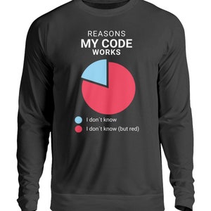 May include: A dark grey long-sleeved sweatshirt with the text "Reasons My Code Works" and a pie chart with a blue slice and a red slice. The text below the chart reads "I don't know" and "I don't know (but red)".