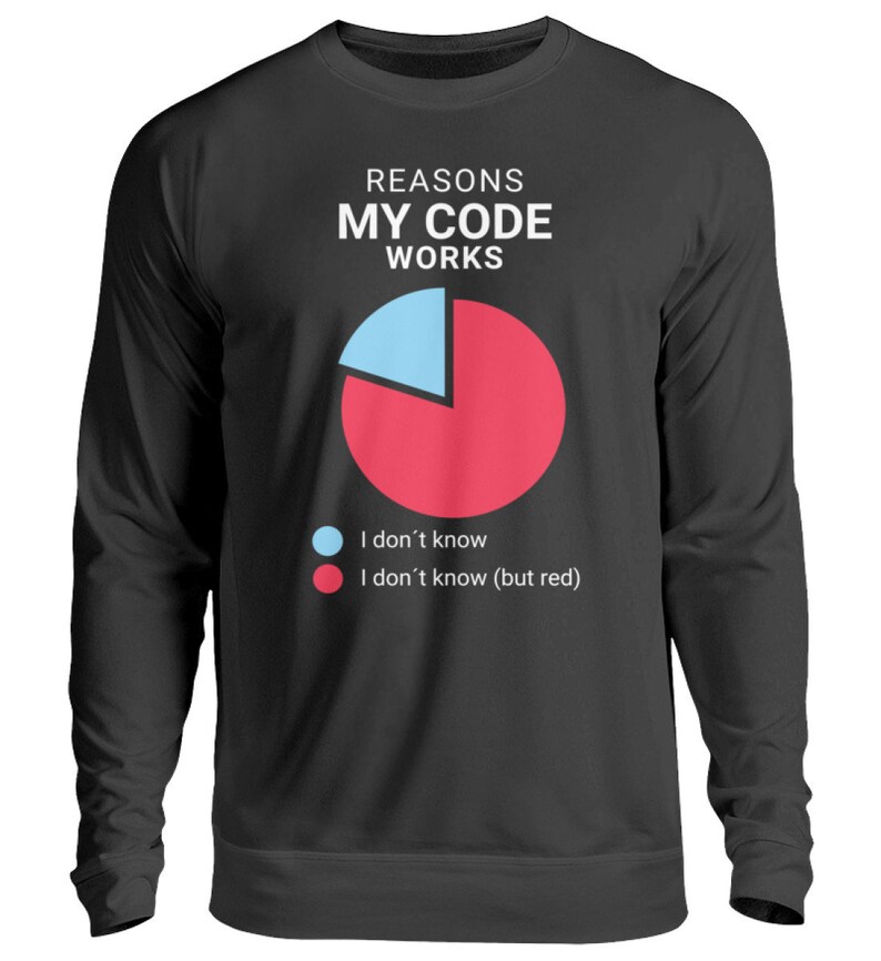 May include: A dark grey long-sleeved sweatshirt with the text "Reasons My Code Works" and a pie chart with a blue slice and a red slice. The text below the chart reads "I don't know" and "I don't know (but red)".