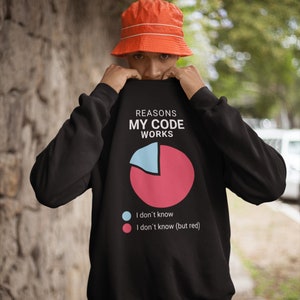 May include: Black sweatshirt with a white graphic that says "Reasons My Code Works" and a pie chart with the caption "I don't know" and "I don't know (but red)".