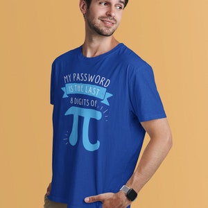 以下が含まれることがあります： 「My password is the last 8 digits of pi」という文字と大きな青いパイ記号が書かれた青いTシャツです。