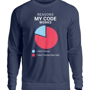 May include: Navy blue long-sleeved sweatshirt with a white graphic of a pie chart and the text "Reasons My Code Works". The pie chart is divided into two sections, one blue and one red. The text below the chart reads "I don't know" and "I don't know (but red)".