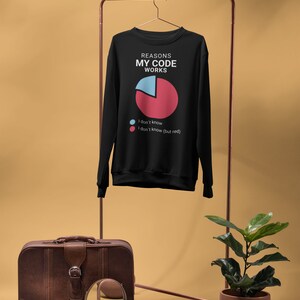 May include: Black sweatshirt with a white graphic of a pie chart and the text "Reasons My Code Works". The pie chart is divided into two sections, one blue and one red. The blue section is labelled "I don't know" and the red section is labelled "I don't know (but red)".