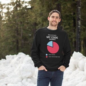 May include: A black sweatshirt with a white graphic that says "Reasons My Code Works" and a pie chart with the text "I don't know" and "I don't know (but it works)".