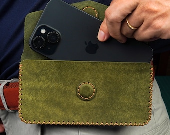 Leather Phone Holster for iPhone 17 16 15 14 13 12– Handmade Pueblo Full Grain Leather Belt Pouch, Custom Fit Phone Case for All Smartphones