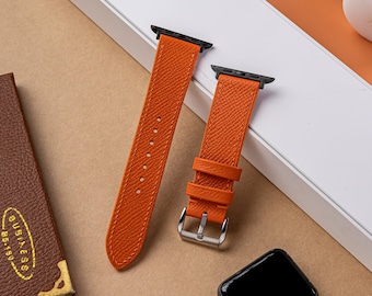 Apple Watch Bands Orange Epsom 38mm 40 41 42mm 44 45mm 49mm Series ultra 9 8 7 6 5 4 iWatch Band,Leather Watchband,Size 12mm,14mm,16mm,19mm.