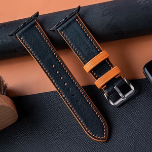 Leather Swift Apple Watch Band,Strap black orange 38mm 40mm 42mm 44mm 45mm 41mm Series 7 6 5 4 3 Men Women Handmade Personalized Custom
