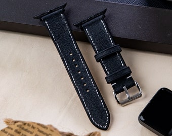 Black Leather Apple Watch Band: Slim Babele Style, Sizes 38-49mm