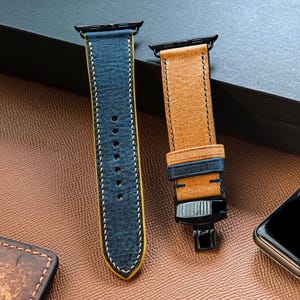 Leather Yellow and Blue Babele,Strap Apple Watch 38mm 40mm 41mm 42mm 44mm 45mm 49mm Series ultra 9 8 7 6 5 4 3 Men Women,size 18mm,20mm,22mm