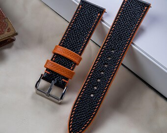 Black Epsom Leather Apple Watch Band: Orange Stitch, Custom Mens Watch Strap