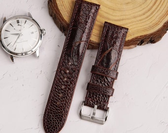 Ostrich Coffee Brown Leather Watch Strap: Quick Release, Apple Watch Band