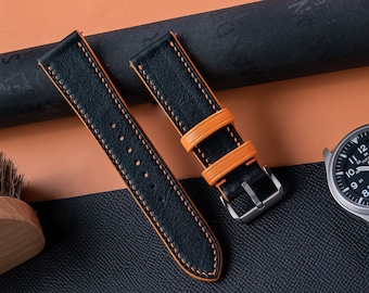 Handmade Leather Watch Strap: Black & Orange Calfskin Band