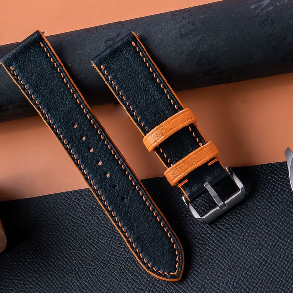 Handmade Leather Watch Strap: Black & Orange Calfskin Band