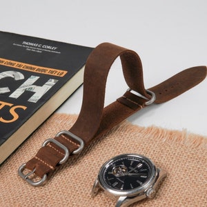 Hanmade Brown Crazy Horse Leather Watch Strap, Military Style Straps, watch strap & band 18mm, 20mm, 22mm 24mm, 4-Ring Style