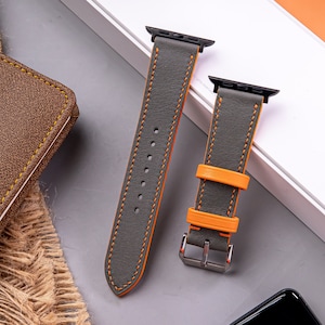 Leather Gray Orange Swift Apple Watch Band,Strap AW 38mm 40mm 41mm 42mm 44mm 45mm 49mm Series ultra 9 8 7 6 5 4 3 Men Women,Apple Watch Band