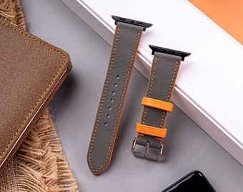 Gray Swift Leather Apple Watch Band: Orange Accent, Handmade Strap