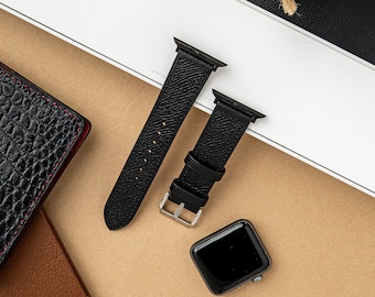 Black Epsom Leather Apple Watch Band: Hand-Stitched, Scratch Resistant