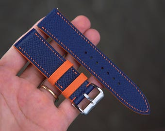Blue Epsom Leather Apple Watch Band: Orange Stitch, Custom Watch Strap