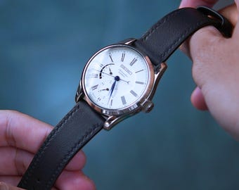 Personalized Black Leather Watch Strap: Swift Calfskin Band, Apple Watch Compatible