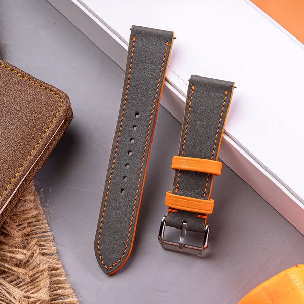 Personalized Leather Swift Watch Strap,Watch Band 18mm 19mm 20mm 21mm 22mm 23mm 24mm Gray Orange Replacement Strap For Men's Watch