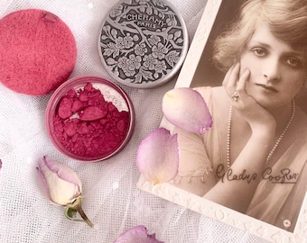 Antico anni '20 Rouge Cheramy Paris Cipria sciolta Rosa lampone Coperchio decorativo a specchio Boudoir 20s Deco Flapper