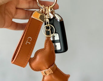 Personalized Gift Car Key Chain with Cute Dog - Vegan Leather,  Foil Press Initials - Unique Gift for Birthdays and Dog Lovers