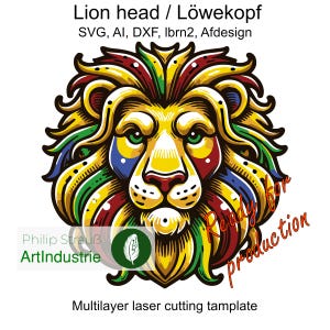Könnte beinhalten: Bunte Löwenkopf-Illustration mit dem Text "Lion head / Löwekopf" und "Ready for production." Das Bild enthält auch den Text "SVG, AI, DXF, lbrn2, Afdesign" und "Multilayer laser cutting tamplate."