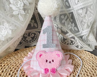 Pink Gingham Birthday Party Hat – Handmade Glitter Bow, Pom Trim
