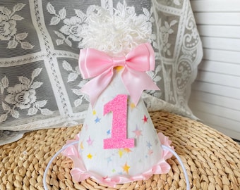 Pink Bow Party Hat - Birthday Hat - Baby Girl Birthday Crown- Personalized Smash Cake- First Birthday Outfit accessory