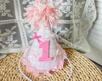 Pink Gingham Birthday Party Hat – Handmade Glitter Bow, Pom Trim