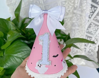 Pink Ghost 1st Birthday Hat, Baby Girl Halloween Birthday Hat, First Birthday Party Hat, Cute Ghost Cake Smash Photo Prop