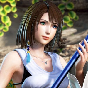 May include: A digital illustration of a woman with brown hair, blue and green eyes, and a white top. She is holding a blue staff. The background is blurred with green and brown tones.