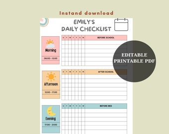 Kids Daily School Checklist Schedule Printable Editable Chore Chart Daily Routine Responsibility Chart Homeschool Planner To Do List