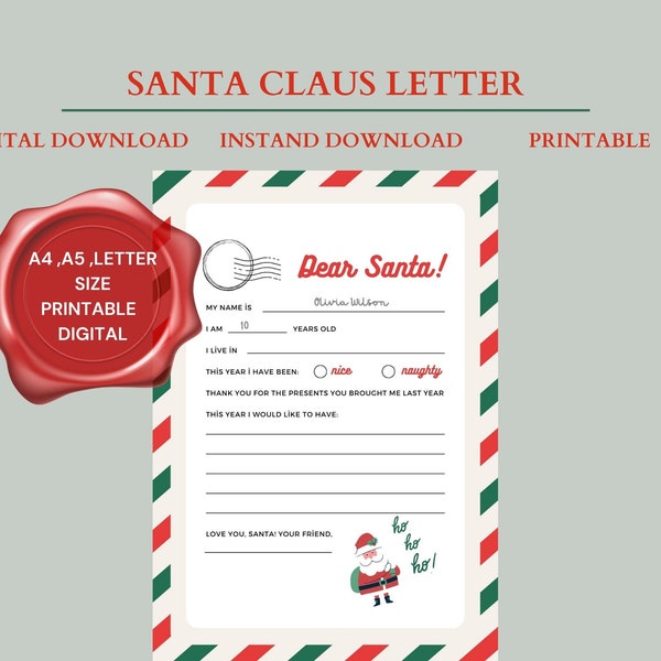 Printable Santa Letter Santa Claus Letter Templates ,Santa Claus Letter,Santa Claus List Template,Santa Letter Template, Christmas Printable
