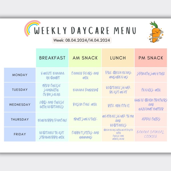 Menu de garderie hebdomadaire à remplir pour garderie Menu de garderie hebdomadaire modifiable Menu préscolaire Formulaire imprimable de garderie à domicile Planificateur de repas mensuel