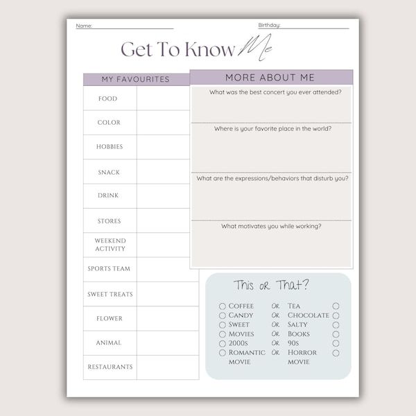 Team Building Get to Know Me Questionnaire Printable - Etsy