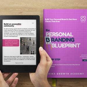 May include: A pink and white book titled "The Personal Branding Blueprint" with the subtitle "Build Your Personal Brand & Get More Clients Than Ever."  The book is part of the "Ultimate Marketing Library, Vol. 1" series by the Rinx Growth Academy.  A person is holding an e-reader displaying a page from the book with the title "Build an Accessible Community".