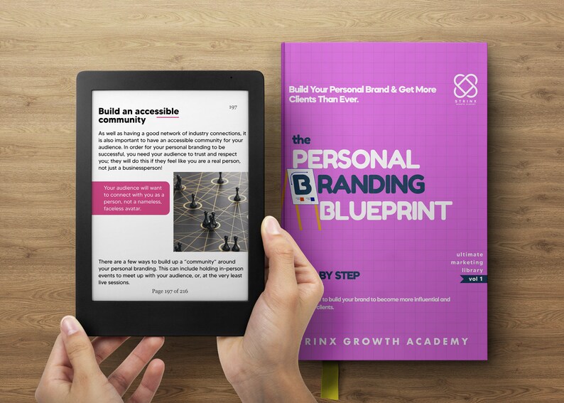 May include: A pink and white book titled "The Personal Branding Blueprint" with the subtitle "Build Your Personal Brand & Get More Clients Than Ever."  The book is part of the "Ultimate Marketing Library, Vol. 1" series by the Rinx Growth Academy.  A person is holding an e-reader displaying a page from the book with the title "Build an Accessible Community".