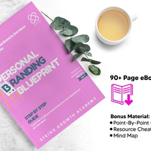 May include: Pink and blue cover of an ebook titled "The Personal Branding Blueprint: Step by Step Guide". The cover features a small easel with a letter "B" on it. The ebook is part of the "Strinx Growth Academy" and is an "Ultimate Marketing Library, Vol. 1". The ebook is 90+ pages and includes bonus material: a point-by-point checklist, a resource cheat sheet, and a mind map.