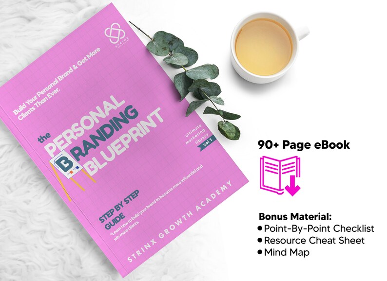 May include: Pink and blue cover of an ebook titled "The Personal Branding Blueprint: Step by Step Guide". The cover features a small easel with a letter "B" on it. The ebook is part of the "Strinx Growth Academy" and is an "Ultimate Marketing Library, Vol. 1". The ebook is 90+ pages and includes bonus material: a point-by-point checklist, a resource cheat sheet, and a mind map.
