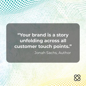 May include: A quote on a gray background with a white border, "Your brand is a story unfolding across all customer touch points." - Jonah Sachs, Author