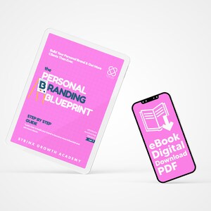 May include: A pink and white digital download for an ebook titled "The Personal Branding Blueprint: Step by Step Guide". The ebook cover features a white easel with a pink canvas and the text "Personal Branding Blueprint" in black. The ebook is part of the "Ultimate Marketing Library, Vol 1" series. The ebook is available for digital download as a PDF.