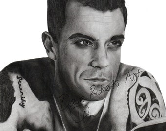 Quality A4 print of pencil drawing of Robbie Williams.