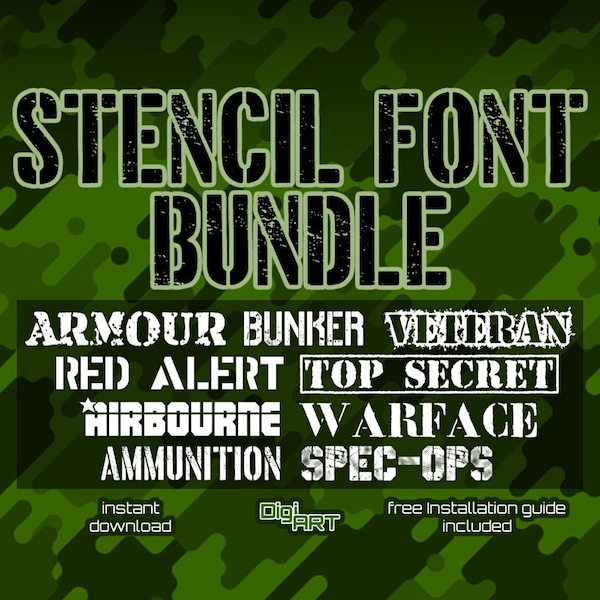 Stencil Font Bundle | Stencil Letters Army Font Military Font Hunting Font Distressed Font Navy Alphabet Stencil Font Military SVG