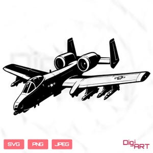 May include: Black and white illustration of an A-10 Thunderbolt II aircraft. The image shows the plane from a side view, with detailed wings, engines, and weaponry. The image includes the text "SVG", "PNG", and "JPEG".